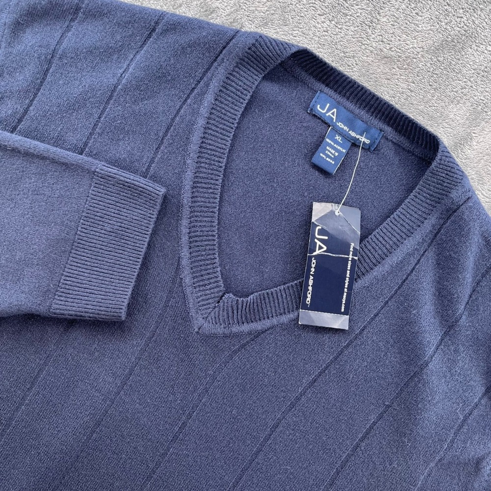 John Ashford Mens Navy Blue V-Neck‎ Ribbed Knit Pullover Sweater XL NWT